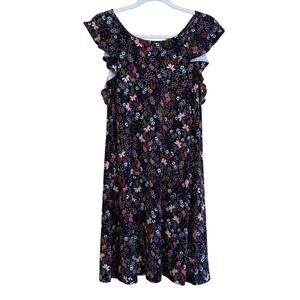 Loft‎ Navy Blue Floral Print Soft Stretch Jersey Knit Ruffle Cap Sleeve Dress